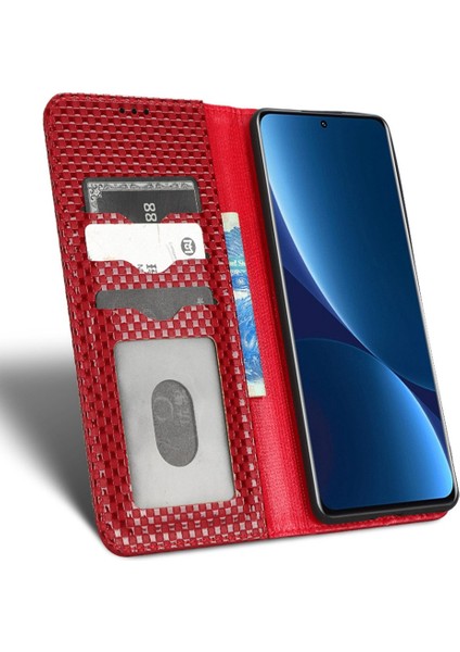 Xiaomi Için 12 Lite 5g Anti-Çizelge Anti-Çizelge Kılıfı Manyetik Izgara Doku Pu Deri Stand Telefon Cüzdan Kapak Kırmızısı (Yurt Dışından)