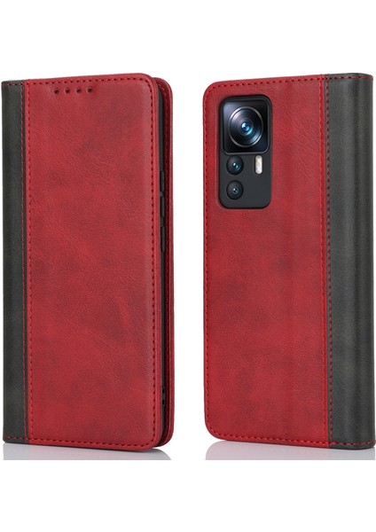 Xiaomi 12T 5G/12T Pro 5g/redmi K50 Ultra Pu Deri Telefon Kılıfı Stand Iki Renk Ekleme Cüzdan Kapak-Kırmızı+Siyah (Yurt Dışından)