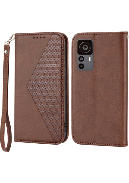 Xiaomi Için 12T 5g/redmi K50 Ultra 5g Rhombus Desen Baskılı Pu Deri Stand Buzağı Dokusu Şok Geçirmez Telefon Cüzdan Kapağı Strap-Brown (Yurt Dışından)