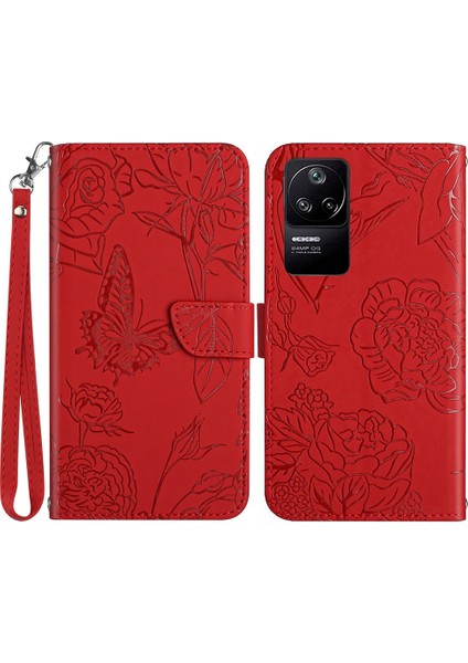 Xiaomi Için Poco F4 5g/redmi K40S 5g Kelebek Çiçekleri Baskılı Deri Kılıf Stand Stand Cilt Touch Hissed Hissetme Anti-Çizgiye Duygu Kırmızısı (Yurt Dışından)