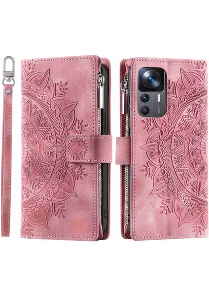 Xiaomi 12T Pro 5G/12T 5g/redmi K50 Ultra 5g Telefon Kılıfı Zipper Cep Mandala Çiçeği Baskılı Çoklu Kart Yuvası Pu Deri Stand Kapak Çizgi Altın (Yurt Dışından)