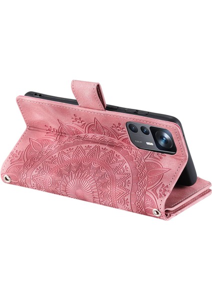 Xiaomi 12T Pro 5G/12T 5g/redmi K50 Ultra 5g Telefon Kılıfı Zipper Cep Mandala Çiçeği Baskılı Çoklu Kart Yuvası Pu Deri Stand Kapak Çizgi Altın (Yurt Dışından)