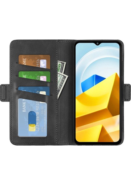 Xiaomi Için Poco M5 Için 4g Buzağı Dokulu Pu Deri Flip Stand Telefon Cüzdan Kılıfı Çift Manyetik Koşu Koruyucu Kabuk Black (Yurt Dışından) modelleri