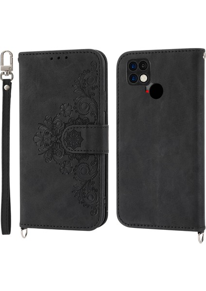Xiaomi Için Poco C40 4g Baskılı Çiçekler Cilt Touch Stand Telefon Kapağı Çoklu Kart Yuvası Pu Deri Cüzdan Kılıfı Bilek Kayışı ve Omuz Kayışı Black (Yurt Dışından)