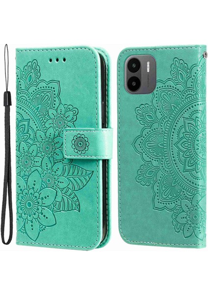 Xiaomi Için Redmi A1 4g/a2 4g Çiçek Baskı Pu Deri Kılıf Stand Anti Drop Telefon Cüzdan Kapağı Strap-Yeşili (Yurt Dışından)