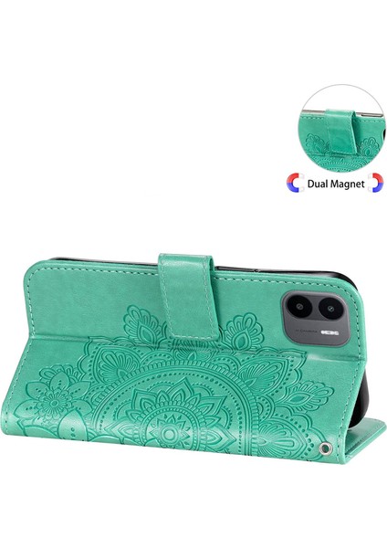 Xiaomi Için Redmi A1 4g/a2 4g Çiçek Baskı Pu Deri Kılıf Stand Anti Drop Telefon Cüzdan Kapağı Strap-Yeşili (Yurt Dışından)
