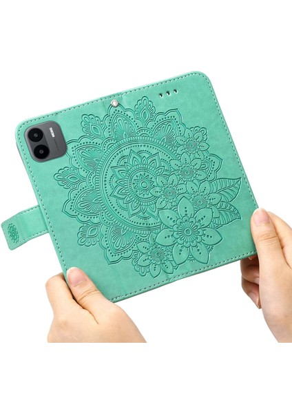 Xiaomi Için Redmi A1 4g/a2 4g Çiçek Baskı Pu Deri Kılıf Stand Anti Drop Telefon Cüzdan Kapağı Strap-Yeşili (Yurt Dışından)