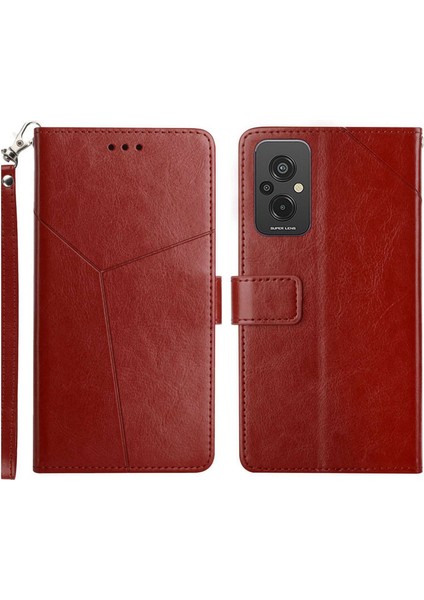 Xiaomi Redmi Için 11 Prime 4g HT01 Baskılı Y Şeklindeki Çizgiler Cüzdan Kılıfı Pu Deri Stand Tam Kapsam Flip Folio Telefon Kapağı Kayış-Kahverengi ile (Yurt Dışından)