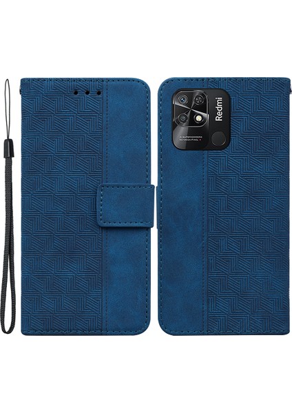 Geometri Xiaomi Redmi 10C Için Baskılı Telefon Kasası, Cüzdan Standı Pu Deri Manyetik Toka Kapağı Kayış Mavisi ile (Yurt Dışından)