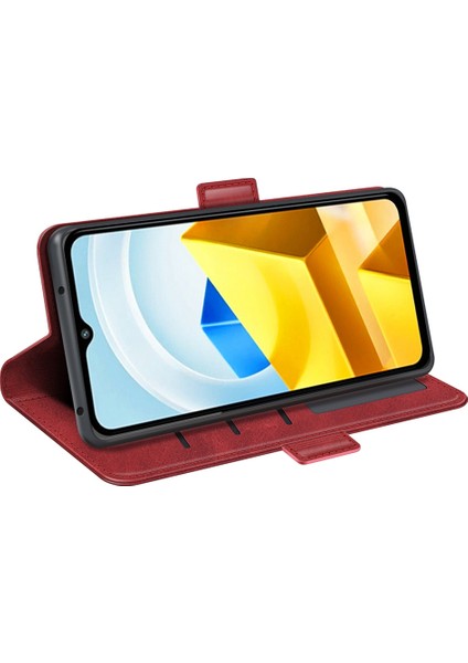 Xiaomi Için Poco M5 Için 4g Buzağı Dokulu Pu Deri Flip Stand Telefon Cüzdan Kılıfı Çift Manyetik Koruyucu Koruyucu Kabuk-Kırmızı (Yurt Dışından) modelleri