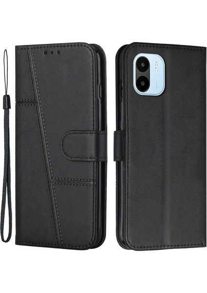 Xiaomi Için Redmi A1 4g/a2 4g Basit Stil Telefon Kapağı Dikiş Tasarım Cüzdan Anti-Çizelge Pu Deri Stand Kılıfı Strap-Black (Yurt Dışından)