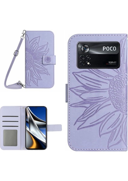 Xiaomi Poco X4 Pro 5g HT04 Pu Deri Ayçiçeği Baskalı Cüzdan Özelliği Stand Stand Stand Deli Dokun (Yurt Dışından)