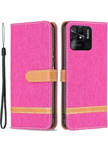 Xiaomi Redmi Için 10C Manyetik Kot Pantolon Doku Folio Folio Flip Standı Renk Ekleme Pu Deri Cüzdan Çok Yönlü Koruma Telefon Kapak-Rose (Yurt Dışından)