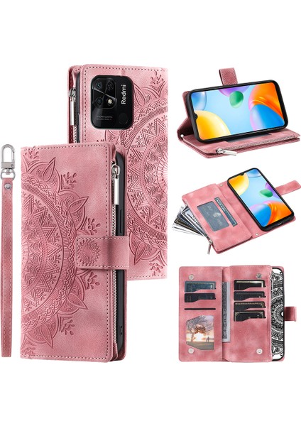 Xiaomi Için Redmi 10C 4g Mandala Çiçek Baskılı Fermuar Cüzdan Telefon Kılıfı Pu Deri Stand Çok Kart Yuvası Şok Geçirmez Flip Kapak Kayış-Rose Altın (Yurt Dışından)