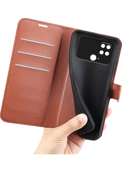 Xiaomi Için Poco C40 4g Anti-Çizelge Litchi Doku Pu Pu Deri Tam Koruma Kılıfı Flip Stand Cüzdan Telefon Kapak-Kahverengi (Yurt Dışından)