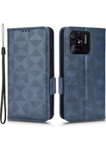 Xiaomi Redmi 10C 4g Için Telefon Kasası, Cüzdan Standı Pu Deri Kapak Üçgen Deseni, Kayış Mavisi ile Basılı Flip Kabuk (Yurt Dışından)