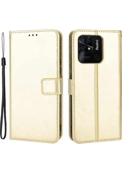 Manyetik Kapatma Cüzdan Xiaomi Için Telefon Kılıfı Redmi 10C Pu Deri Folio Flip Cover Çılgın At Doku Doku Kabuğu Strap-Gold (Yurt Dışından)