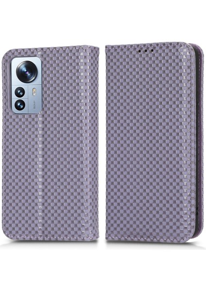 Xiaomi Için 12 Lite 5g Anti-Çizgi Anti-Çizelge Kılıfı Manyetik Izgara Doku Pu Deri Stand Telefon Cüzdan Kapak Işık Mor (Yurt Dışından)