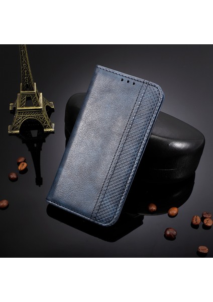 Xiaomi Redmi Için 11 Prime 4g Öne Karşıtı Pu Deri Deri Kabuk Manyetik Tasarım Retro Doku Baskılı Desen Cüzdan Telefon Kapak Mavisi (Yurt Dışından)