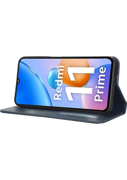 Xiaomi Redmi Için 11 Prime 4g Öne Karşıtı Pu Deri Deri Kabuk Manyetik Tasarım Retro Doku Baskılı Desen Cüzdan Telefon Kapak Mavisi (Yurt Dışından)