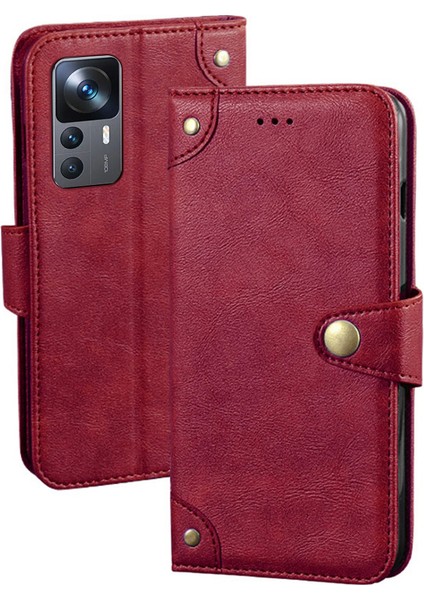 Xiaomi Için Cep Telefonu Kapağı 12T 5g/redmi K50 Ultra 5g Altın Düğme ile Anti-Drop Telefon Kılıfı Ince Doku Doku Pu Deri Cüzdan Stand-Red (Yurt Dışından)