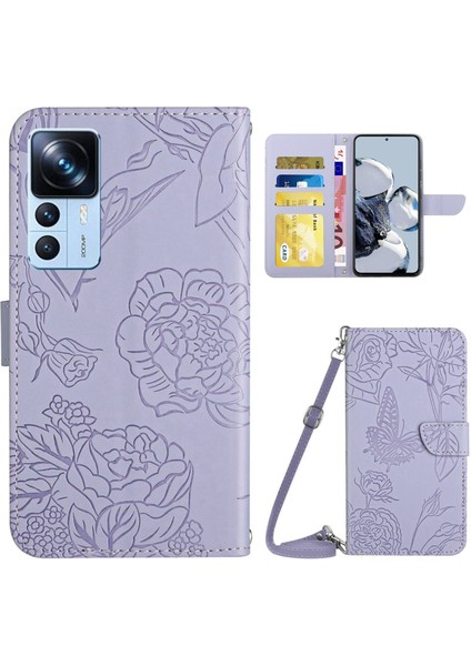 Xiaomi 12T 5g/redmi K50 Ultra 5G/12T Pro 5g HT03 Kelebek Çiçekleri Baskılı Cilt Touch Pu Deri Kapak Stand Cüzdan Telefon Kılıfı Omuz Kayış Işığı Mor (Yurt Dışından)