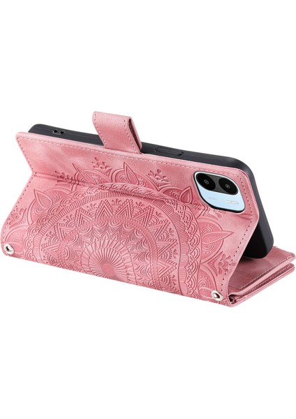 Fermuarı Cep Cüzdanı Xiaomi Için Telefon Kasası Redmi A1 4g/a2 4g Çoklu Kart Yuvaları Mandala Çiçek Baskılı Pu Deri Anti-Düşme Telefon Kapağı Standı Strap-Rose Altın (Yurt Dışından)