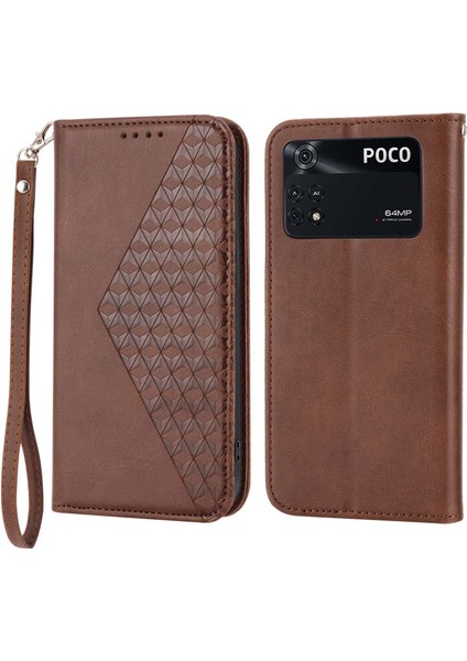 Xiaomi Için Poco X4 Pro 5g Baskılı Rhombus Desen Telefon Stand Buzağı Dokusu Pu Deri Deri Deri Manyetik Kapak Kılıf-Kahverengi ile (Yurt Dışından)