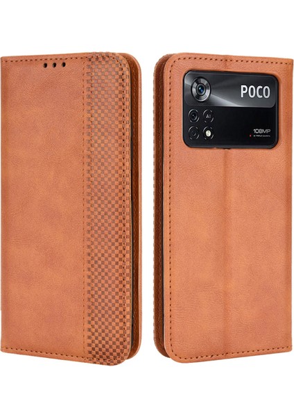 Xiaomi Poco X4 Pro 5g Mozaik Baskılı Vintage Deri Kitap Kılıfı Görüntüleme Stand Stand Cüzdan Manyetik Absorpsiyon Flip Kapak-Kahverengi (Yurt Dışından)