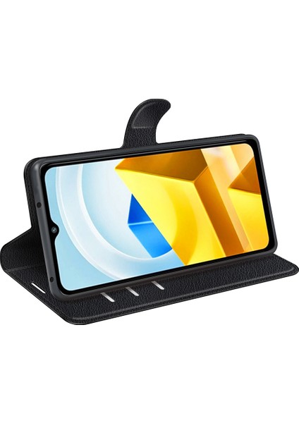 Xiaomi Için Poco M5 Için 4g Folio Flip Telefon Kılıfı Litchi Doku Pu Deri Damla Damla Koruyucu Koruyucu Kapak Cüzdan Stand-Black (Yurt Dışından)