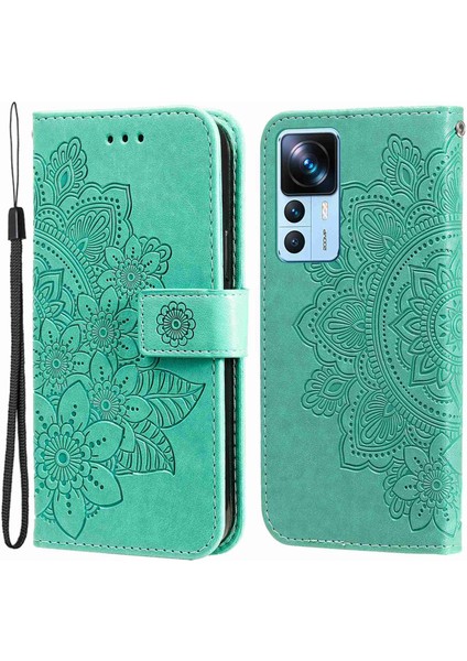 Xiaomi 12T 5g/redmi K50 Ultra 5G/12T Pro 5g Stand Cüzdan Pu Deri Kılıf Çiçeği Baskı Anti-Greatch Telefon Kapağı Strap-Yeşil (Yurt Dışından)