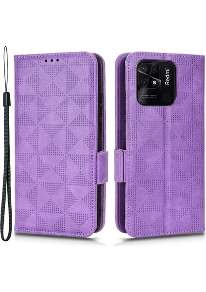 Xiaomi Redmi 10C 4g Için Telefon Kasası, Cüzdan Stand Pu Deri Kapak Üçgen Deseni Strap-Purple ile Baskılı Flip Shell (Yurt Dışından)