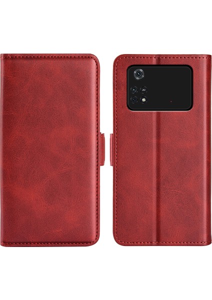 Xiaomi Için Poco M4 Pro 4g Dokulu Pu Deri Telefon Kılıf Stand Cüzdan Manyetik Toka Kabuk-Kırmızısı (Yurt Dışından)