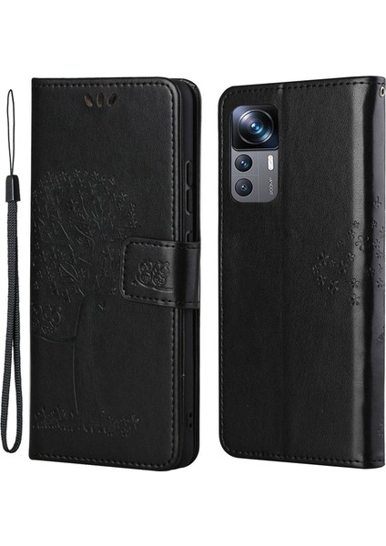 Xiaomi 12T 5g/redmi K50 Ultra 5G/12T Pro 5g Pu Deri Deri Baskılı Baykuş Ağacı Desen Kılıf Anti-Çizelge Cüzdan Stand Manyetik Toka Kapak Black (Yurt Dışından)