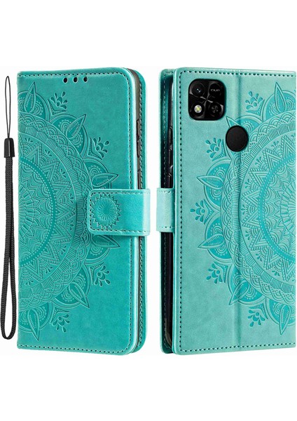 Xiaomi Için Redmi 10A Pu Deri Cüzdan Telefon Kapağı Standı Mandala Çiçek Deseni Strap-Yeşil ile Baskılı Telefon Kılıfı (Yurt Dışından)