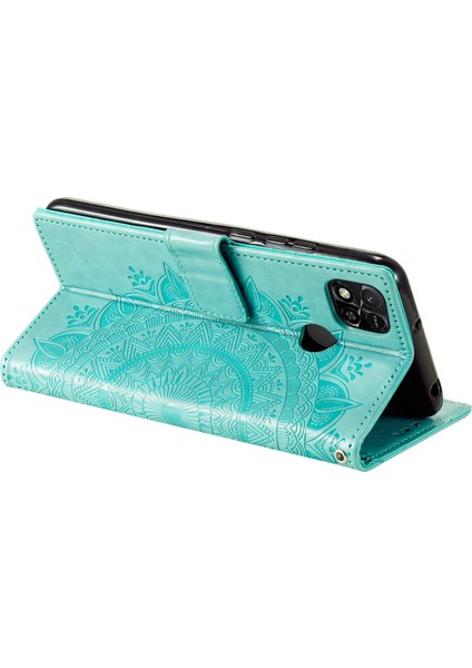 Xiaomi Için Redmi 10A Pu Deri Cüzdan Telefon Kapağı Standı Mandala Çiçek Deseni Strap-Yeşil ile Baskılı Telefon Kılıfı (Yurt Dışından)
