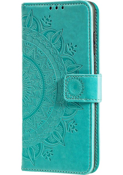 Xiaomi Için Redmi 10A Pu Deri Cüzdan Telefon Kapağı Standı Mandala Çiçek Deseni Strap-Yeşil ile Baskılı Telefon Kılıfı (Yurt Dışından)