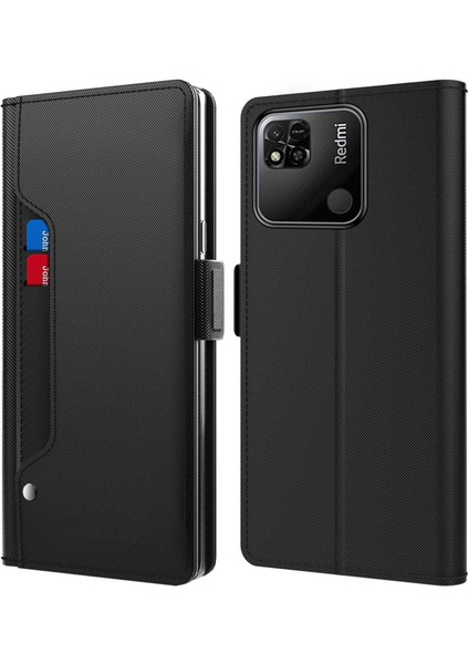 Xiaomi Için Redmi 10C 4g Pu Deri Stand Kartı Tutucu Telefon Kılıfı Makyajla Damla Geçirmez Manyetik Koruyucu Midror-Black (Yurt Dışından)