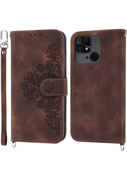 Xiaomi Redmi 10C 4g Anti-Fall Anti-Fone Kılıfı Baskılı Çiçekler Pu Deri Deri Touch Stand Flip Cüzdan Kapağı Bilek Kayışı ve Omuz Kayış-Kahverengi (Yurt Dışından)