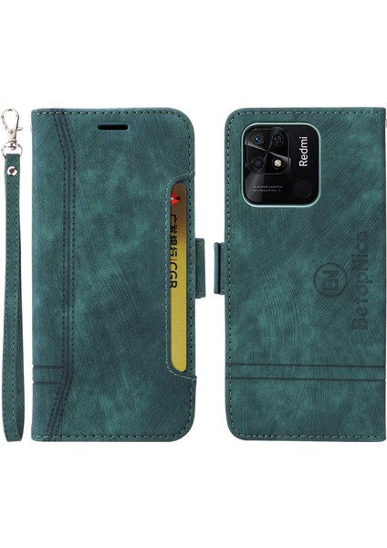 Xiaomi Için Redmi 10C 4g/redmi 10 (Hindistan) 4g Katlanabilir Stand Pu Deri Deri Şok Geçirmez Kılıf Strap-Yeşili ile Dikiş Hattı Telefon Cüzdan Kapağı (Yurt Dışından)