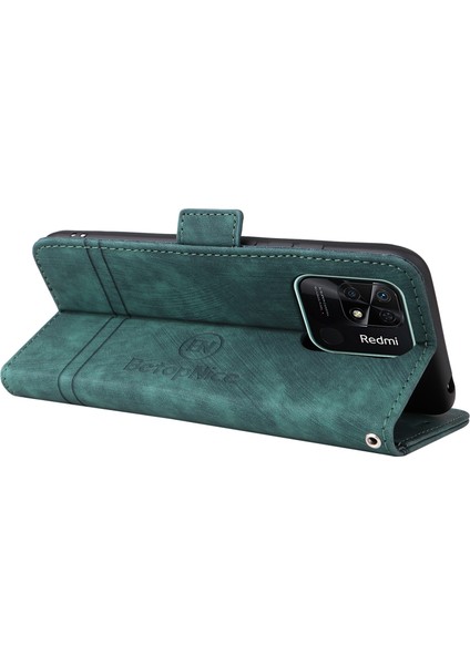 Xiaomi Için Redmi 10C 4g/redmi 10 (Hindistan) 4g Katlanabilir Stand Pu Deri Deri Şok Geçirmez Kılıf Strap-Yeşili ile Dikiş Hattı Telefon Cüzdan Kapağı (Yurt Dışından) fırsatları