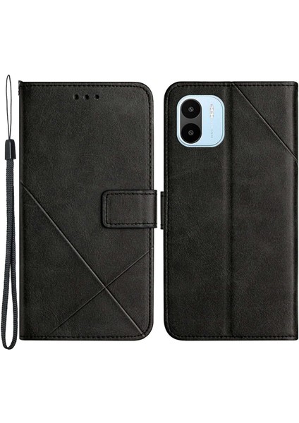 Xiaomi Için Redmi A1 4g/a2 4g Çizgi Baskı Koruyucu Telefon Kılıfı Doğru Renk Pu Deri Manyetik Toka Cüzdan Stand Anti-Çizgiye Karşı Cep Telefon Kapağı Strap-Black (Yurt Dışından)