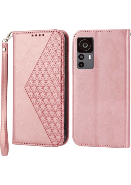 Xiaomi Için 12T 5g/redmi K50 Ultra 5g Rhombus Desen Baskılı Pu Deri Stand Buzağı Dokusu Şok Geçirmez Telefon Cüzdan Kapağı Strap-Rose Altın (Yurt Dışından)