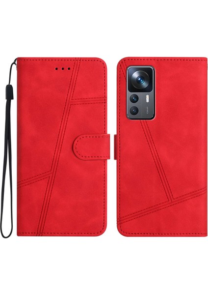 Xiaomi 12T 5G/12T Pro 5g/redmi K50 Ultra 5g Retro Pu Deri Dikiş Hattı Dekor Telefon Kapağı Cep Telefon Kılıf Cüzdanı Cilt Duygu Kırmızısı (Yurt Dışından)