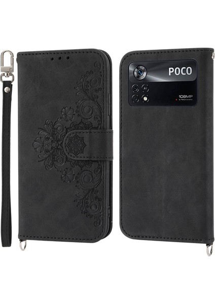 Xiaomi Poco Poco X4 Pro 5g Için Pu Deri Flip Telefon Kılıfı, Baskılı Çiçekler Çoklu Kart Yuvası Cilt Tahkisi Anti-Drop Akıllı Telefon Kapak Stand Straps-Black (Yurt Dışından)