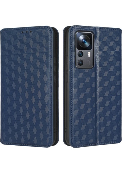 Xiaomi Için Damla Koruma Evi Kılıfı 12T 5g/redmi K50 Ultra 5G/12T Pro 5g, Manyetik Otomatik Kapatma Koruyucu Kabuk Cüzdan Stand Baskılı Rhombus Desen Pu Deri Telefon Kapak-Mavi (Yurt Dışından)
