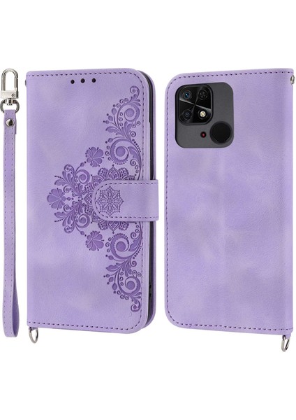 Xiaomi Için Redmi 10C 4g Anti-Fall Anti-Fone Kılıfı Baskılı Çiçekler Pu Deri Deri Touch Stand Flip Cüzdan Kapağı Bilek Kayışı ve Omuz Kayış Işığı Mor (Yurt Dışından)