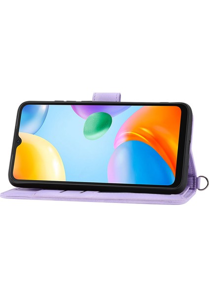 Xiaomi Için Redmi 10C 4g Anti-Fall Anti-Fone Kılıfı Baskılı Çiçekler Pu Deri Deri Touch Stand Flip Cüzdan Kapağı Bilek Kayışı ve Omuz Kayış Işığı Mor (Yurt Dışından)