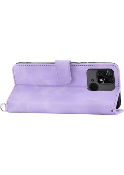 Xiaomi Için Redmi 10C 4g Anti-Fall Anti-Fone Kılıfı Baskılı Çiçekler Pu Deri Deri Touch Stand Flip Cüzdan Kapağı Bilek Kayışı ve Omuz Kayış Işığı Mor (Yurt Dışından)