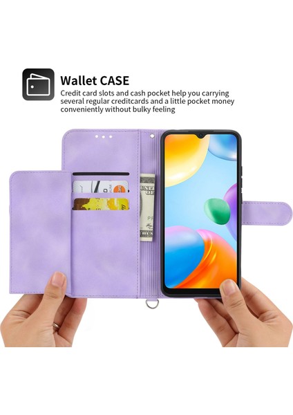 Xiaomi Için Redmi 10C 4g Anti-Fall Anti-Fone Kılıfı Baskılı Çiçekler Pu Deri Deri Touch Stand Flip Cüzdan Kapağı Bilek Kayışı ve Omuz Kayış Işığı Mor (Yurt Dışından)
